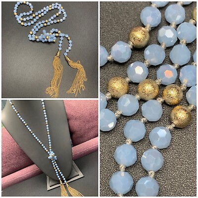 #ad Vintage Blue Crystal Beaded Tie On Gold Necklace Tassel Dangles 30” $23.58