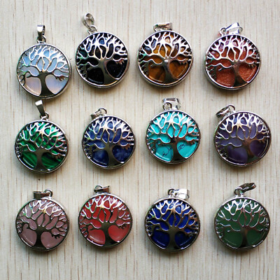 #ad Wholesale 12pcs lot Assorted Natural stone alloy tree of life Pendants jewelry $16.99