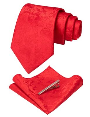 #ad Mens Solid Color Paisley Necktie and Pocket Square with Tie Clip Sets Red2 $20.23