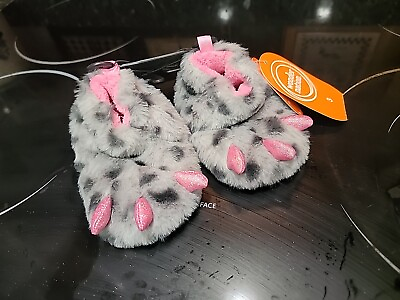 #ad Pull On Children#x27;s Slippers Child Sz 3 Gray W Pink Claws A D Spots Faux Fur... $5.60