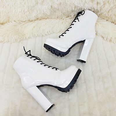 #ad Wild Diva Vivian White Patent Chunky Heel Platform Ankle Boots $55.95