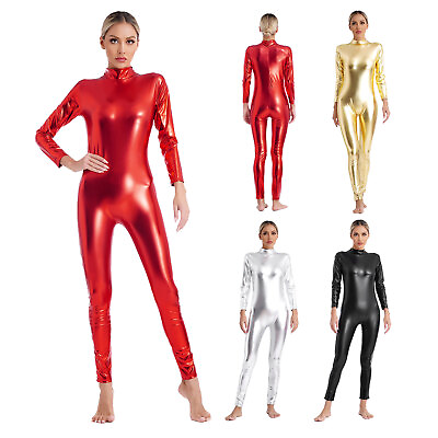 #ad Women Jumpsuit Club Bodysuit Metallic Catsuit Patent Leather Dancewear Zipper $6.43