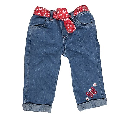 #ad Girls Toddler Denim Blue Jeans Red Belt Rolled Hem Country Fair Hayride Size 4T $8.80