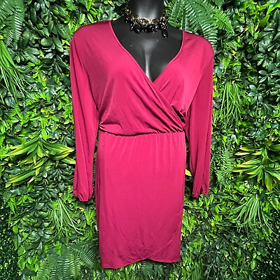 #ad Women Dress Plus 3XL Wine Red Faux Wrap V Neckline Stretch Love Chesley 1301 $19.50