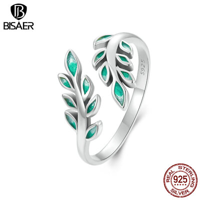 #ad Bisaer Real S925 Silver Exquisite Leaf Open Ring Fashionable Women Gifts Jewelry $11.14