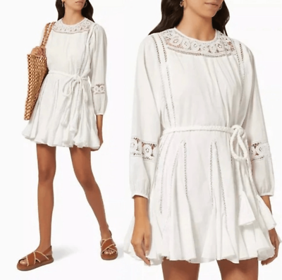 #ad RHODE White Ella Dress Medium Lace Corded Flare Long Sleeve Mini Eyelet $299.00