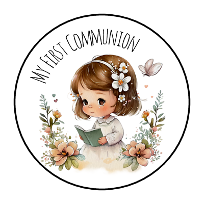 #ad 30 MY FIRST COMMUNION STICKERS ENVELOPE SEALS LABELS 1.5quot; ROUND GIRL FLORAL $2.64