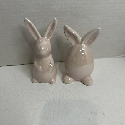 #ad Pair Of Ceramic Pink Shiny Bunnies Perfect For Easter Decor 4” 5” Tall $9.99