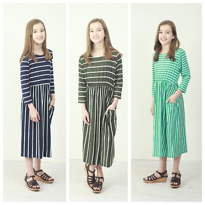 #ad NEW Boutique Pomelo KIDS ANNA STRIPED MIDI DRESS 3 Colors Size XS S M $15.00