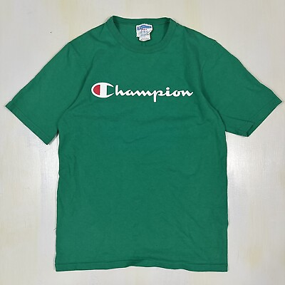 #ad Vintage 1990#x27;s Champion T shirt Men Small Green Logo Spellout Thick Cotton $11.99