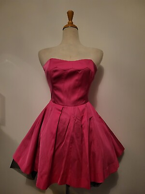 #ad FCUK BARBIE Dress fushia pink sweetheart fit flare pockets black ruffles sz4 C $52.00