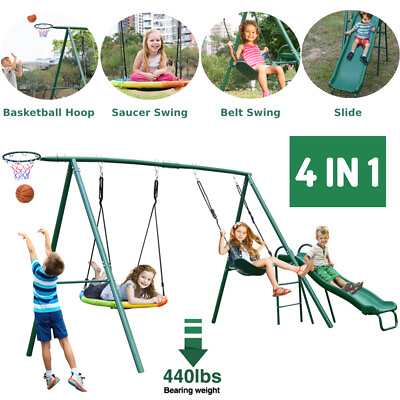 #ad Outdoor Backyard Kids Fun Swing Set with Steel Frame 2 Swing Seat Slide Hook $236.73