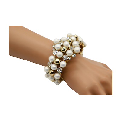 #ad New Women Gold Metal Cuff Bracelet Pearl Beads Statement Wedding Fashion Jewelry $18.95