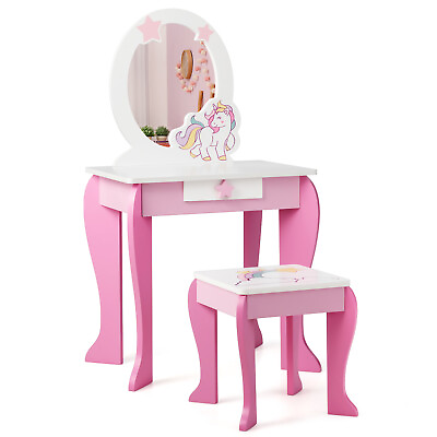 #ad Costzon Kids Vanity Makeup Dressing Table Chair Set Wooden with Mirror Drawer $85.99