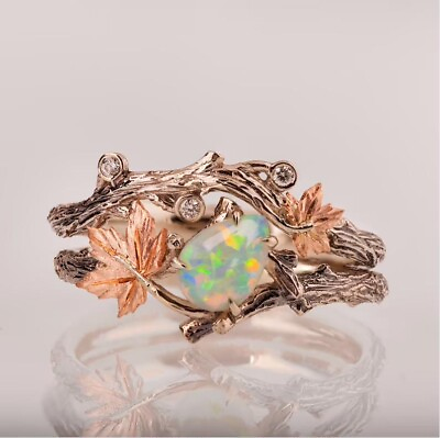 #ad 2Pcs Women Vintage Antique Silver Twig Maple Leaf Opal Ring Set Jewelry Sz 5 10 C $3.77