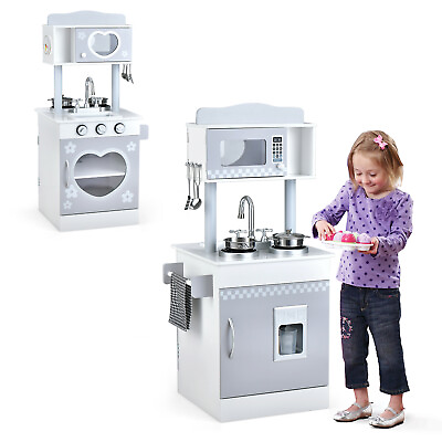 #ad Wooden Play Kitchen Kids Kitchen PlaySet Pretend W IceDispenseramp;Stovefor Toddler $69.99
