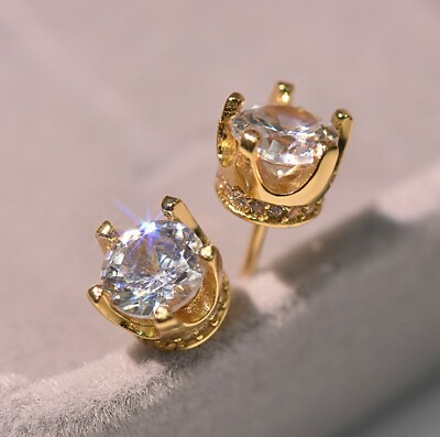 #ad Women Gold Plated 925 STERLING SILVER STUD Queen CZ Crown Earrings 8mm $12.95