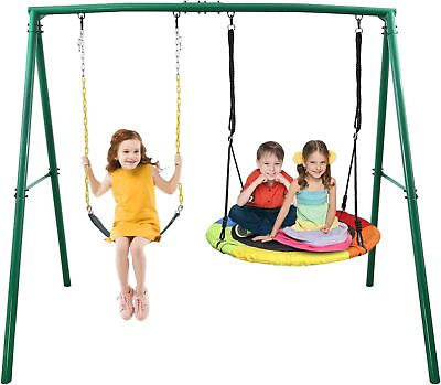 #ad 440lb Metal Swing Set Kids Outdoor Play Backyard Playset Swing Set with 2 Swings $152.36
