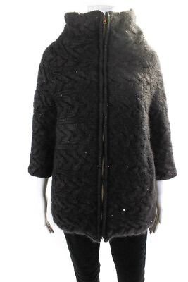 #ad Herno Womens Cable Knit Sequin 3 4 Sleeve Coat Jacket Dark Gray Size EU 42 $350.01