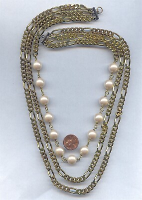 #ad VINTAGE BRASS FIGARO CHAIN amp; PEARL BEADED 3 STRAND 20quot; DECO BIB SECTION 1076 $5.24