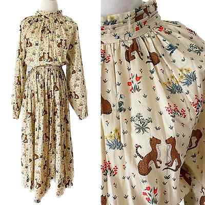 #ad Rhode Mai Dress Meadow Cheetah Cat Floral Print 100% Cotton Midi Dress small S $199.00