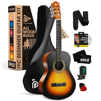 #ad Pyle 34 quot; Beginner Acoustic Guitar Kit 1 2 Junior Size All Wood Instrument $72.99