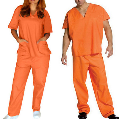 #ad Orange Prisoner Scrub Convict Inmate Jail Unisex Uniform set Top Pants Halloween $22.95