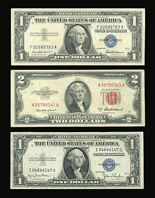#ad Set of Old US Paper Money Silver Certificate $1 1957 $1 1935 $2 1953 Red Seal $17.89