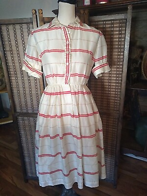 #ad Vtg 1940s 50s Tea Dress House Dress Rayon? Stripes Button Front Swing Skirt Tlc $22.00