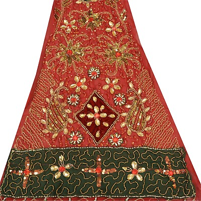 #ad Sanskriti Vintage Design Fabric Hand Beaded Indian Craft Decor Patch Work Maroon $17.99