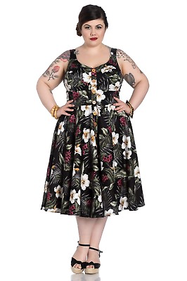 #ad Hell Bunny Tahiti Tropical Wedding Hibiscus Black Flare Swing Party Dress $79.95
