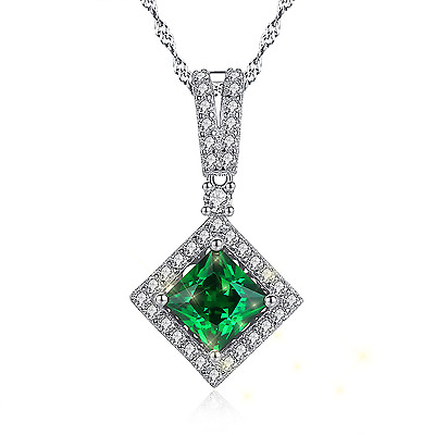 #ad Sterling Silver Princess Cut Simulated Emerald Pendant Necklace Gift for Her $19.99