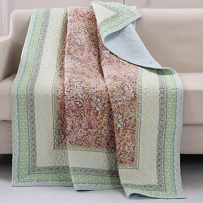 #ad Throw Blanket Green Blue Cotton Reversible Floral Pattern Chair Sofa Wall Cover $58.05