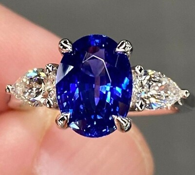 #ad Genuine Pear Moissanite Engagement Rings Solid 14K White Gold Real Blue Sapphire $824.99