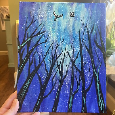 #ad 8 10 Inches Original Painted On Canvasabstract Forestnightblue Birds $24.00