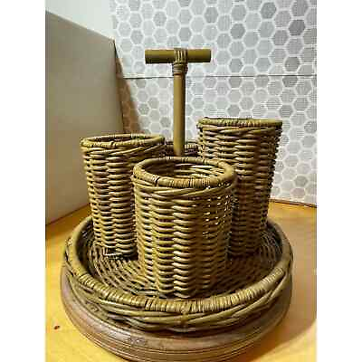 #ad Rare Vintage Woven Bamboo Wicker Rattan 4 Tiered Caddy with Handle $119.00