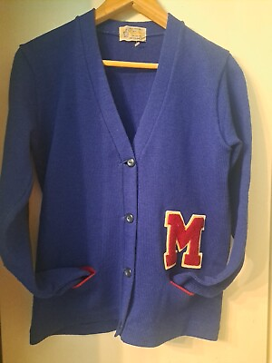 #ad VTG Quality Knitting Co 1970s WOOL UNIVERSITY HIGH SCHOOL quot;Mquot; LETTER SWEATER L $65.00