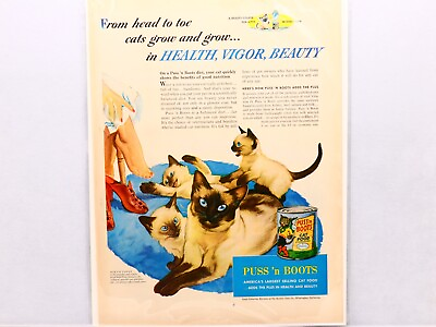 #ad VINTAGE AD SIAMESE CAT AND KITTENS PLAYING PUSS N BOOTS 1953. $4.99