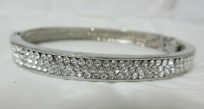 #ad Vintage Silver Tone Sparkling Pave Set Crystal Rhinestone Hinged Bracelet $12.99