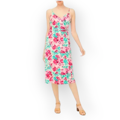 #ad J. Crew Pink Tropical Floral Cotton Midi Wrap Dress 10 Summer Beach Coastal Chic $29.99