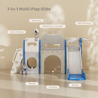 #ad Toddler Climber Slide Set 7 in1 Kids Playground Playset w Telescope Tunnel Blue $214.79