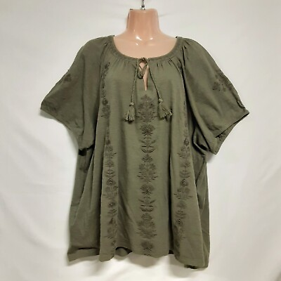 #ad Style amp; Co. Women Top Blouse Shirt Size 3X Olive Embroidered Cotton Short Sleeve $18.50