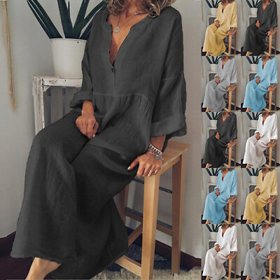#ad Plus Size Women Cotton Linen Loose Long Maxi Dress Ladies Casual Kaftan Sundress $23.89