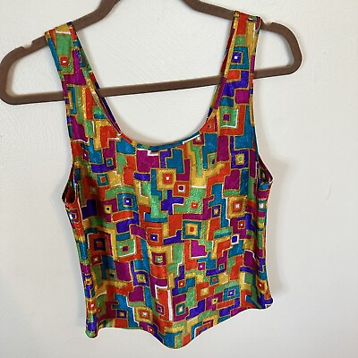 #ad Vintage Womens Geometric Colorful Tank Top Shirt 1990s Red Orange Scoop Small $21.99