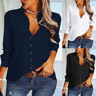 #ad Women Button Down Shirts Long Sleeve Office Blouses Casual Business Dress Shirts $16.16