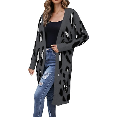 #ad Women#x27;s New V Neck Leopard Print Knitted Cardigan Sweater Long Coat Slim Tops $46.58