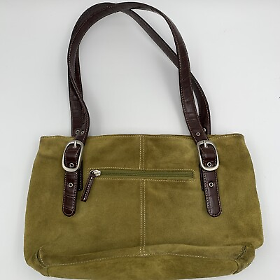 #ad Tig amp; Co. Womens Purse Green Suede With Brown Crocodile Adjustable Double Handle $20.99