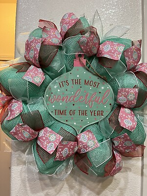 #ad WHIMSICAL Its The Most Wonderful Time Of The Year 🎅 MINT GREEN Deco Mesh WREATH $44.06