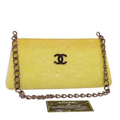 #ad CHANEL Camelia Chain Shoulder Bag Patent leather Yellow CC Auth bs5911 $698.00