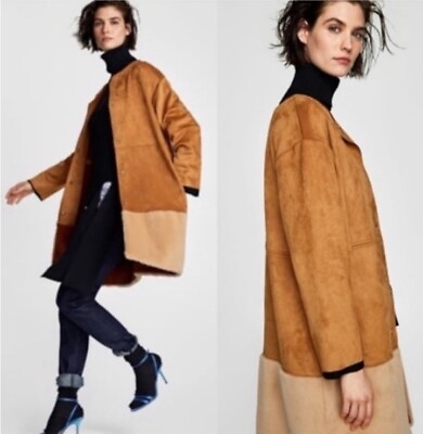#ad NWT Zara Faux Suede with Faux Fur Trim Long Coat SZ M $99.00